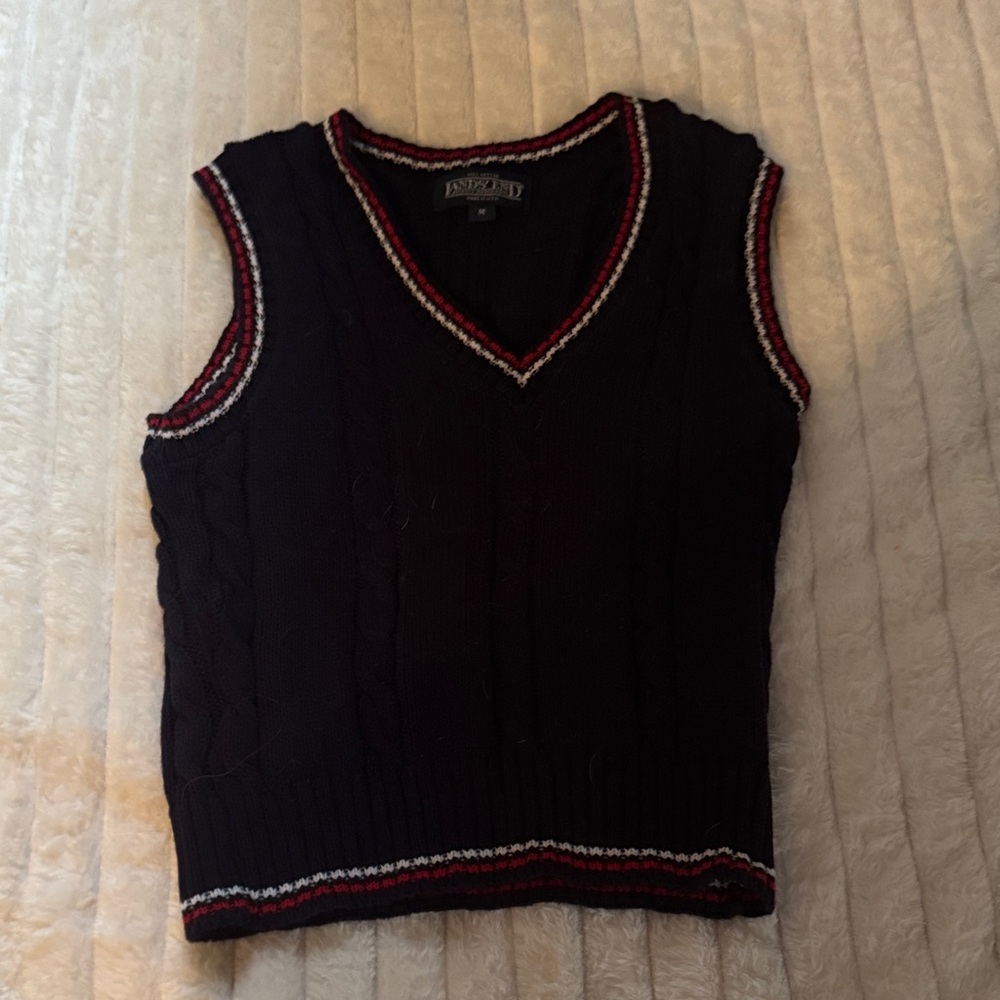 Lands' End Black V-Neck Sweater Vest with Red and White Trim